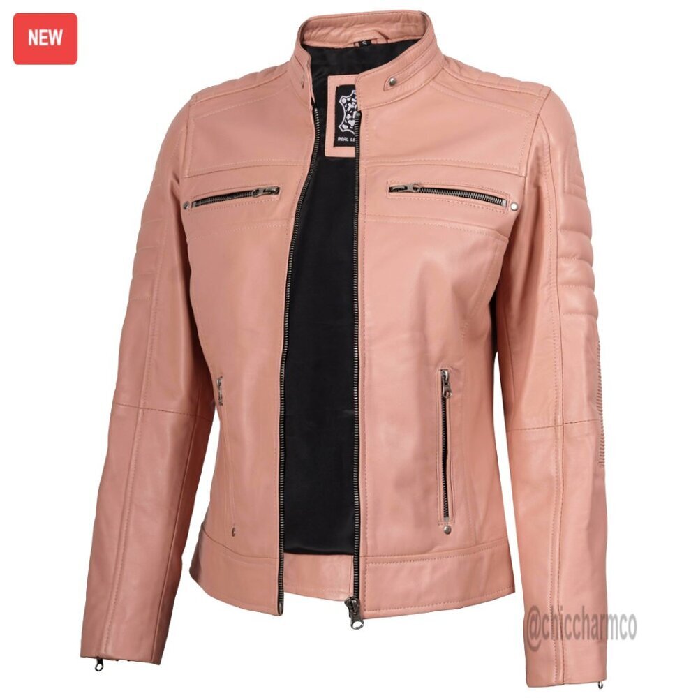 Lambskin Leather Jacket Cafe Racer Style Quilted Shoulders Zipper Cuffs